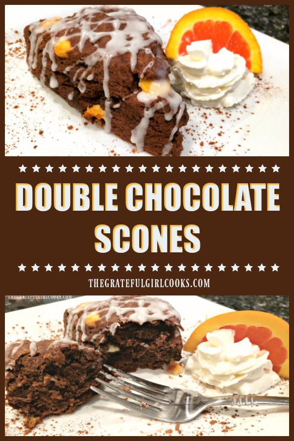 Double Chocolate Scones are easy to make, decadent chocolate scones, filled with white chocolate chips, and drizzled with a simple glaze on top!