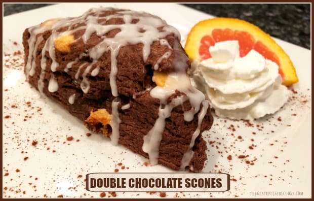 Double Chocolate Scones are easy to make, decadent chocolate scones, filled with white chocolate chips, and drizzled with a simple glaze on top!
