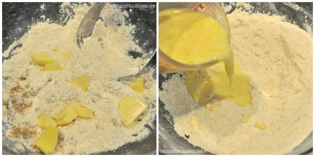 Butter, eggs, and buttermilk is added to dry ingredients to make Irish soda bread dough.