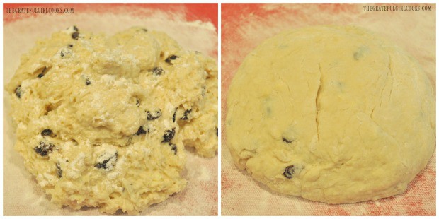 The dough for the Irish soda bread is kneaded, then formed into a circle before baking.