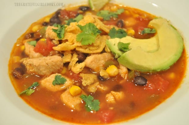 Southwestern Chicken Soup is served with avocado slices, corn chips and cilantro on top.