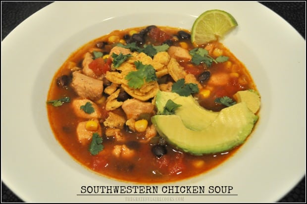 You'll love this delicious Southwestern Chicken Soup, a Weight Watchers dish with corn, black beans, tomatoes, bell peppers, and avocado slices!