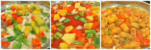 Pineapple, onions, bell peppers and sauce are heated to coat the sweet and sour pork.