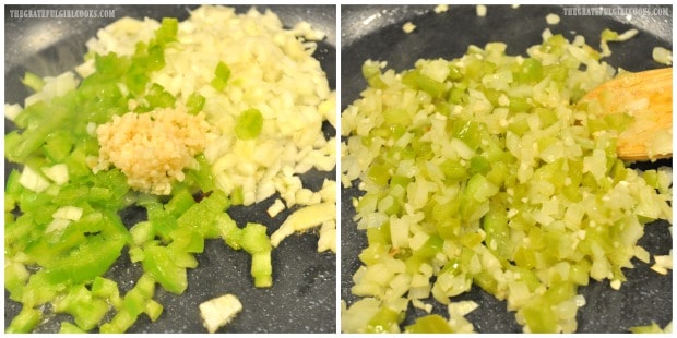 Onion, green peppers, and garlic is cooked in oil to add to black bean burgers mix.