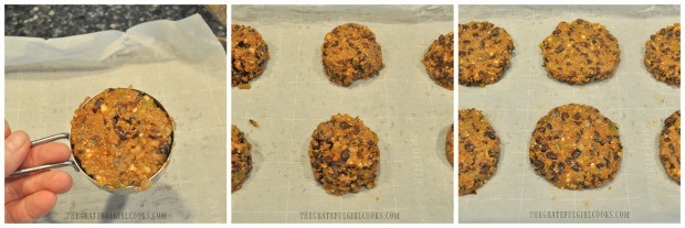 Black bean burgers mix is portioned out into 6 (1/3 cup) patties, then flattened.