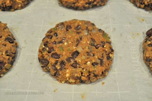 One of the black bean burgers, up close, before baking.