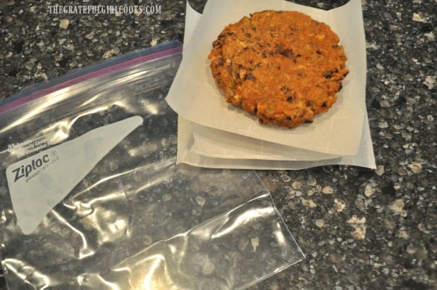 The black bean burgers can be frozen between sheets of parchment paper in a freeze bag.
