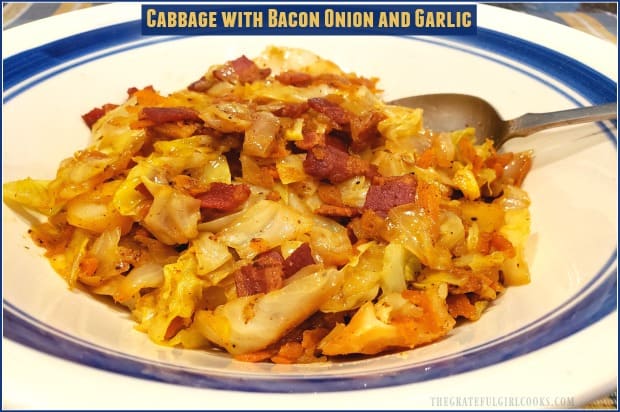 This simple, yet absolutely delicious side dish of fried cabbage is enhanced with the addition of crisp bacon crumbles, onions, carrots and garlic!