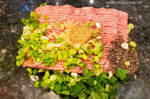 Ground turkey with chopped onions, cilantro and spices, ready to make Thai turkey meatballs.