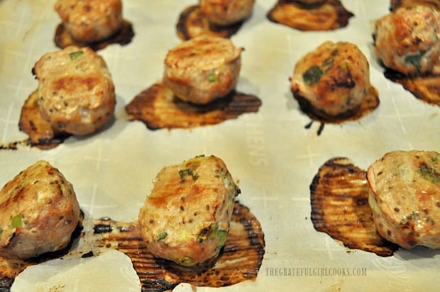 When the Thai turkey meatballs are done baking, they will be golden brown.