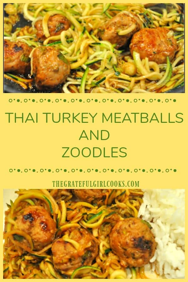 Thai turkey meatballs are baked, then combined with spiralized zucchini noodles, and covered with a soy/sriracha/lime/honey glaze in this yummy dish!