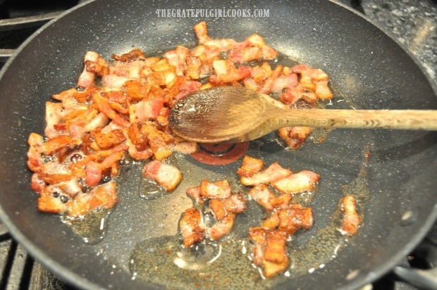 Chopped bacon is cooked until crisp, to add to the bacon broccoli quiche.