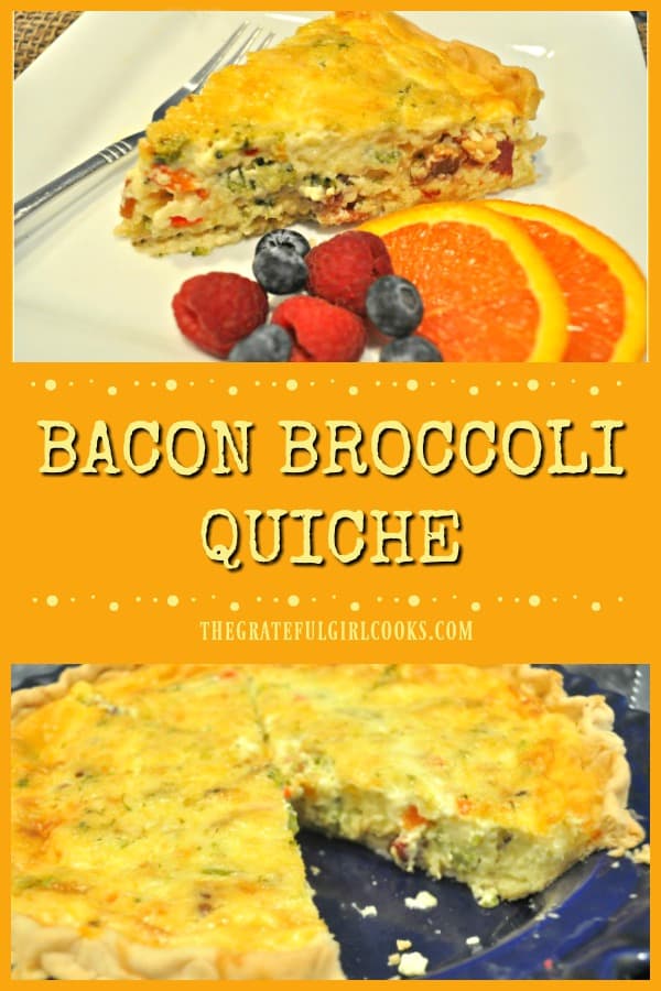 Bacon broccoli quiche is a perfect dish for any meal! Bacon, broccoli, red pepper & garlic add flavor to this egg based dish, baked in a pie crust.