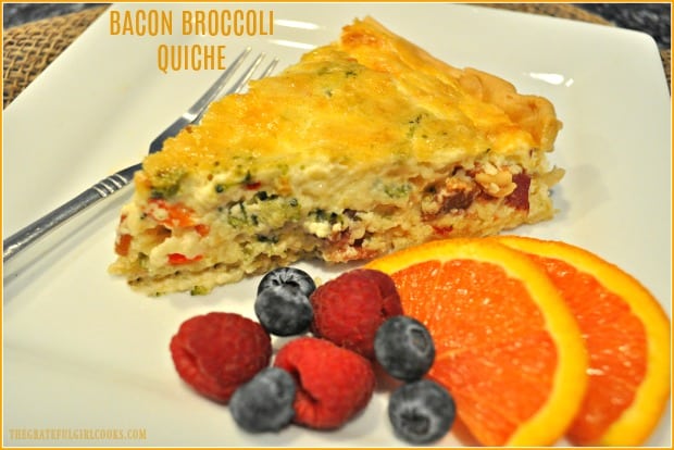 Bacon broccoli quiche is a perfect dish for any meal! Bacon, broccoli, red pepper & garlic add flavor to this egg based dish, baked in a pie crust.