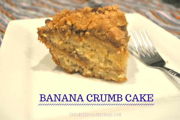 You'll LOVE this easy to make, delicious Banana Crumb Cake! It's a banana cake (dessert or coffeecake), with layers of streusel inside and on top!