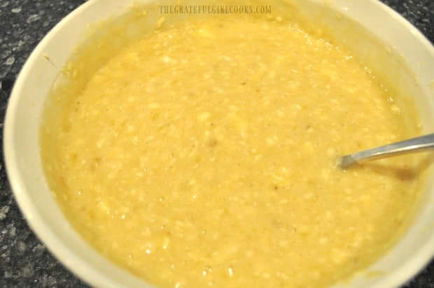 Eggs, sugar and butter are added and mixed into the banana crumb cake batter.