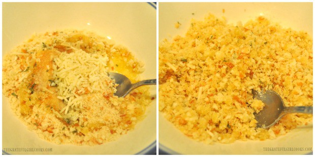 A simple bread crumb mixture is made to top the broccoli cauliflower bake.