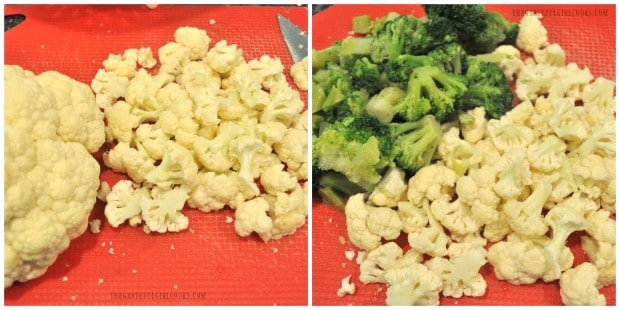Cauliflower and broccoli are cut into bite sized florets for the veggie dish.
