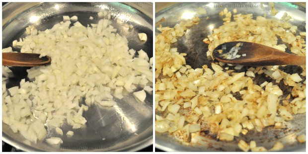 A chopped onion is cooked and browned to add to the sauce for the veggie dish.