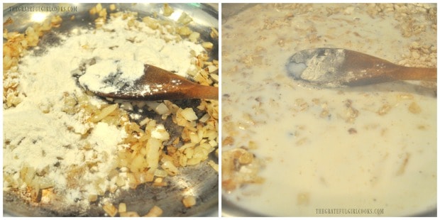 Flour is added to cooked onions, then milk, to make sauce for the broccoli cauliflower bake.