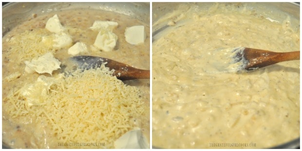 Cream cheese and Parmesan cheese is added to the sauce for the broccoli cauliflower bake..