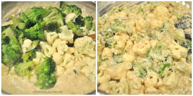 The broccoli and cauliflower florets are added to the sauce, and stirred to combine.