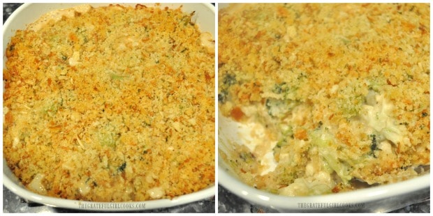 The broccoli cauliflower bake is cooked, and then served.