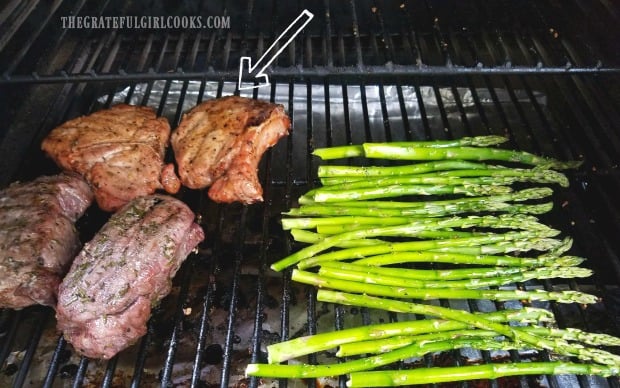 We grilled the pork chops on our Traeger grill, along with other items.