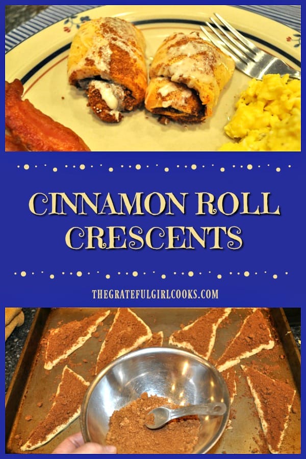 Cinnamon roll crescents are quick and easy to make! Crescent roll dough is coated in brown sugar/cinnamon, then rolled, baked and drizzled with glaze!