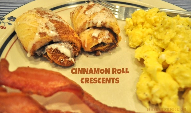 Cinnamon roll crescents are quick and easy to make! Crescent roll dough is coated in brown sugar/cinnamon, then rolled, baked and drizzled with glaze!