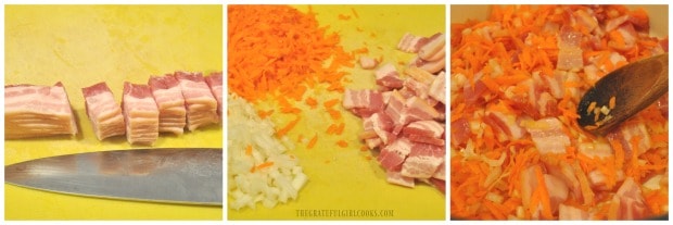 Bacon pieces, chopped onions, are grated carrots are prepped then cooked together.
