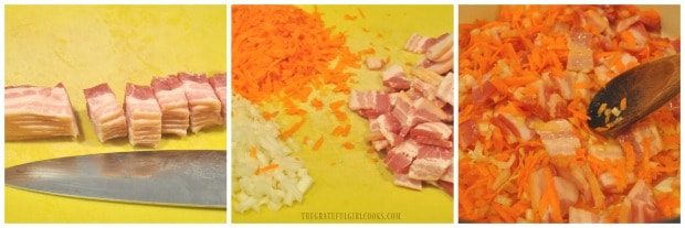 Bacon pieces, chopped onions, are grated carrots are prepped then cooked together.