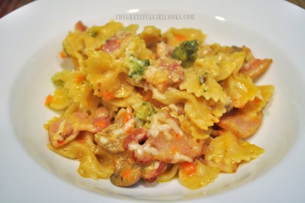 A close-up look at the pasta casserole, before it is eaten.