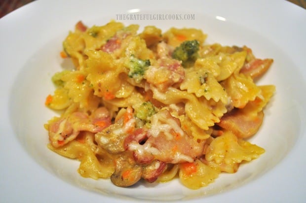 A close-up look at the pasta casserole, before it is eaten.