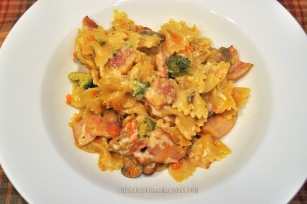 A bowl of the bacon broccoli pasta casserole, ready to eat.