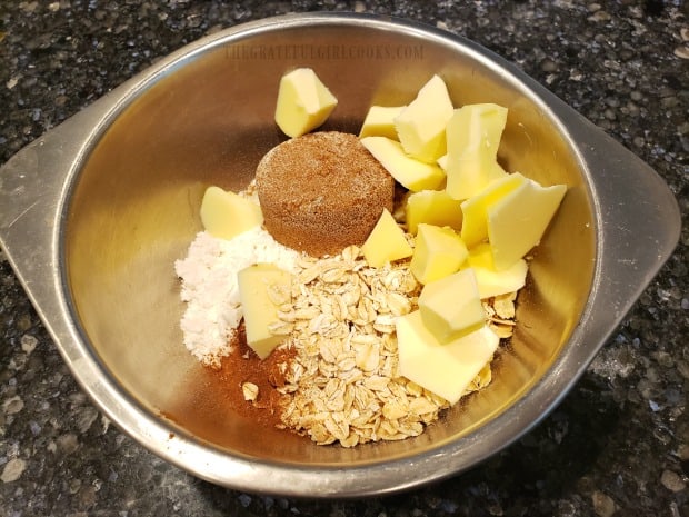 Ingredients for the streusel topping for the blueberry crumble are combined in a bowl.