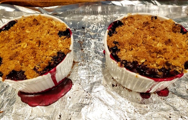 This is a photo of two finished blueberry crumbles, cooling off after baking.