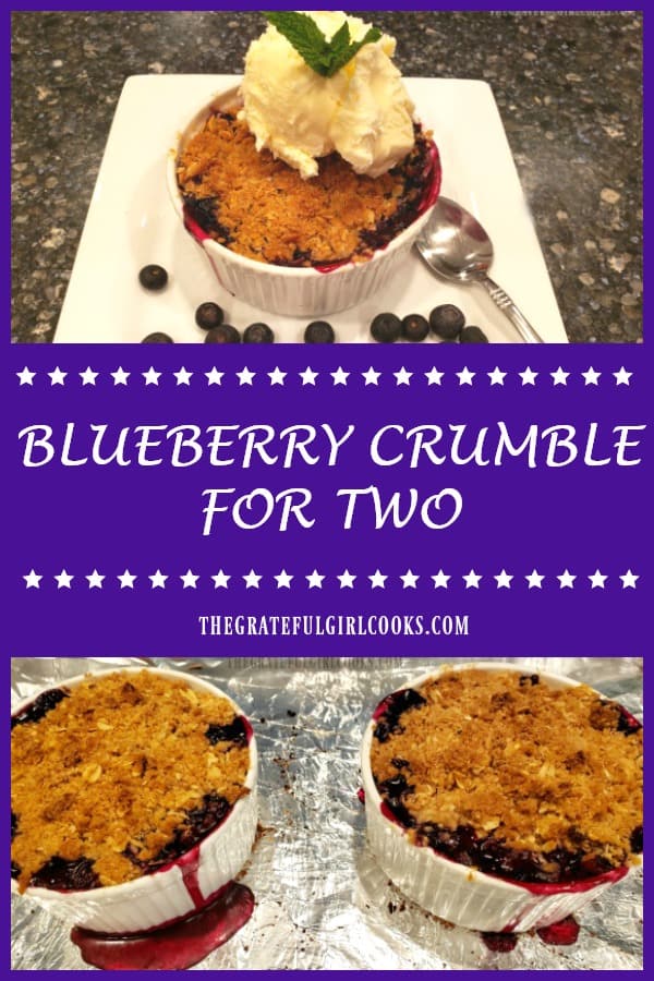 Blueberry Crumble For Two is a simple and delicious dessert, featuring ramekins packed with fresh blueberries, capped with a buttery streusel topping!