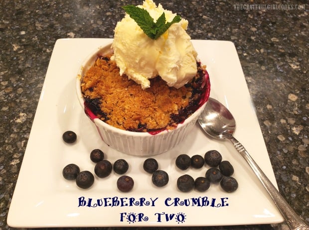 Blueberry Crumble For Two is a simple and delicious dessert, featuring ramekins packed with fresh blueberries, topped with a buttery streusel topping!