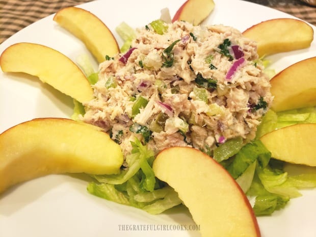 Classic tuna salad, on a bed of chopped lettuce, with apple slices on the side.