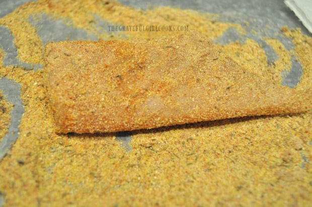 The cornmeal spice-crusted rockfish fillets are now ready to cook.