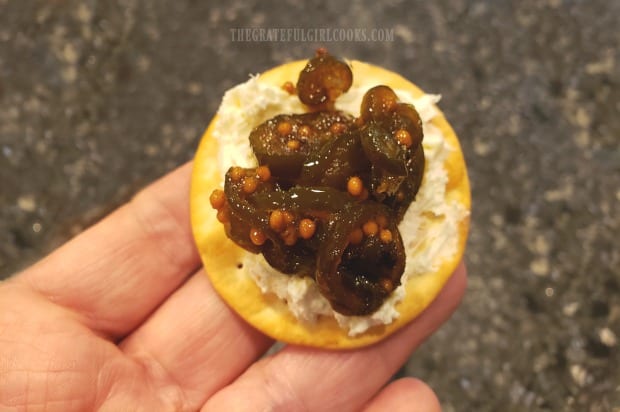 The cowboy candy, served on top of a cream cheese covered cracker, is a great appetizer!