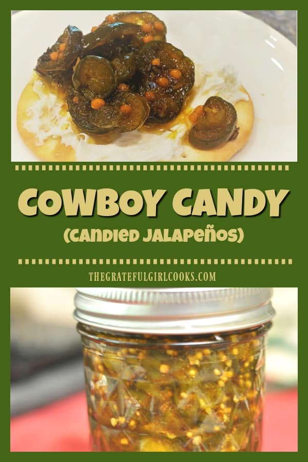 Cowboy Candy (also known as candied jalapenos) tastes great on cream cheese covered crackers or burgers! It's easy to can them for long term storage.