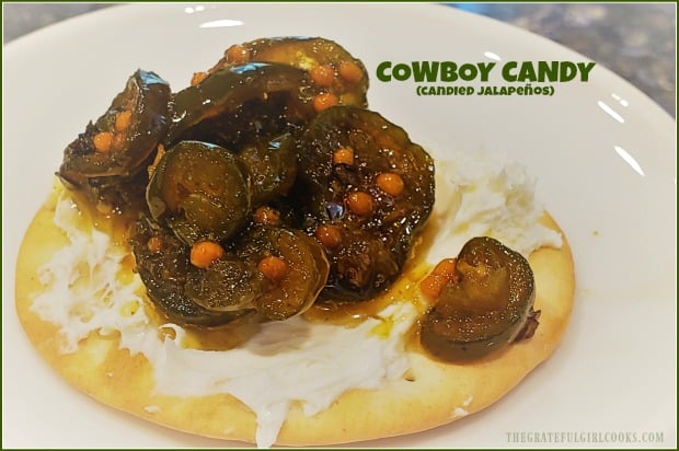Cowboy Candy (also known as candied jalapenos) tastes great on cream cheese covered crackers or burgers! It's easy to can them for long term storage.
