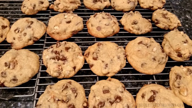 Some of the double chipper cookies cooling on wire rack after baking.