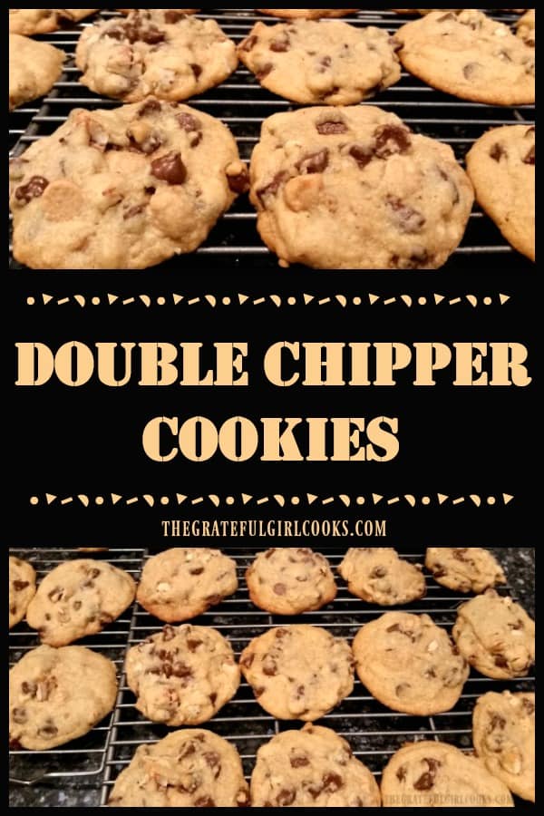 Double Chipper Cookies are delicious homemade treats filled with semi-sweet chocolate chips, peanut butter chips, and chopped pecans or walnuts!