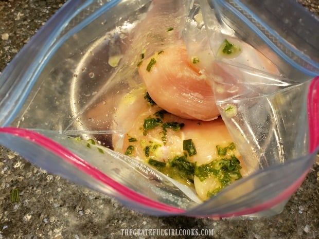 Chicken pieces are place in zip loc bag, along with the marinade.