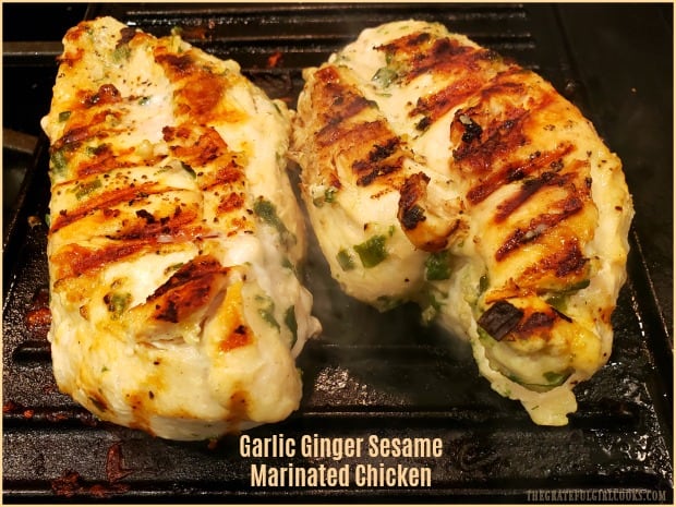 Garlic Ginger Sesame Marinated Chicken is delicious and easy to make! Chicken breasts are marinated in sauce, and cooked on a BBQ or indoor grill pan!