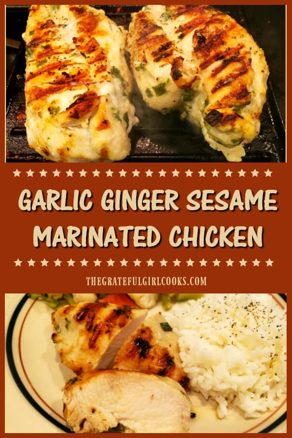 Garlic Ginger Sesame Marinated Chicken is delicious and easy to make! Chicken breasts are marinated in sauce, and cooked on a BBQ or indoor grill pan!