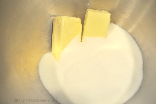 Butter and granulated sugar are creamed together for the cake batter.